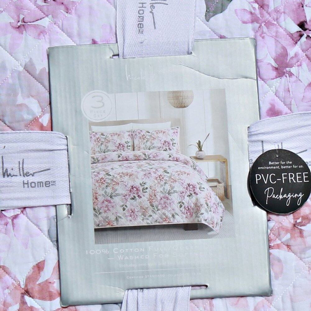 Nicole Miller Home 3 Piece Quilt Set Bedding Full/Queen Floral Print 100% Cotton